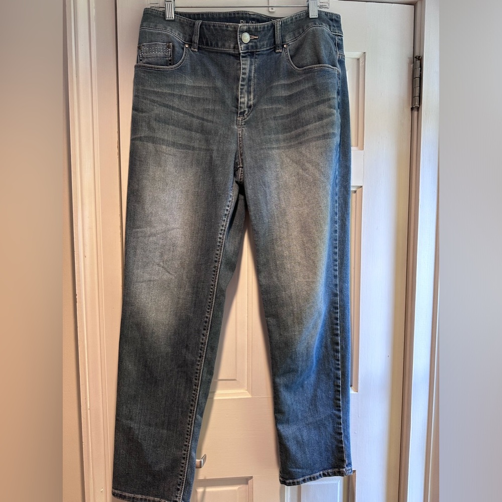 Chico’s Platinum Embellished Straight Leg Jeans.